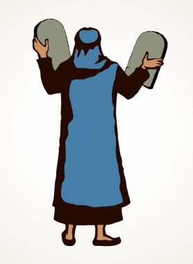 Antik İsrail erkek ruhani lideri Haham ayağa kalktı ve Tanrı 'ya 10 kural simgesi logosunu hazırlaması için dua etti. Klasik kilise sanat eseri çizimi karikatür talmud mektup hikayesi. Beyaz Doğu Arap insan görünümü bornoz kostümü