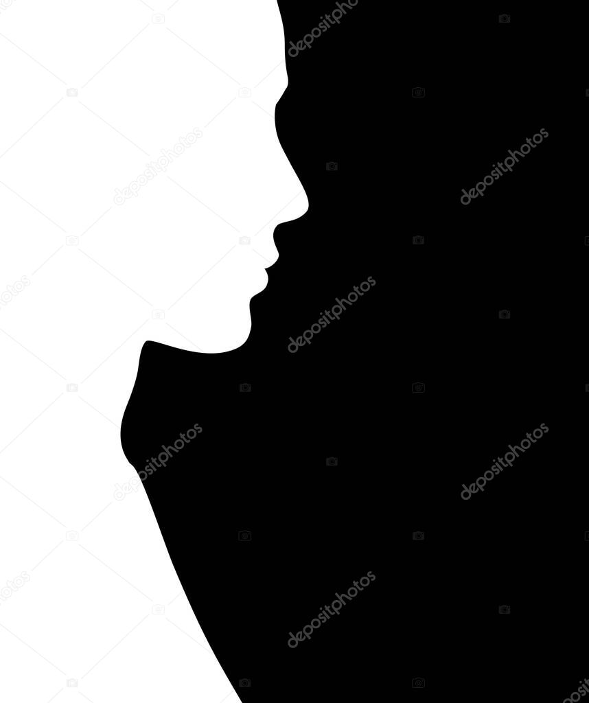 Modern shape cute attractive human girl. Light paper text space backdrop. Outline dark ink hand drawn adult bridal miss fiancee cameo insignia label in retro artist contour engrave cartoon line print