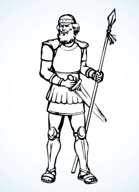 Cesur, yaşlı, soylu, sakallı, Yunan kralı, savunma kahramanı. Siyah el, güçlü Yahudi 'yi insan işaret simgesini geçerek çizdi. Yahudi kılıç kılıç gücü logosu. Retro beyaz İncilsel İsrail sanat çizgi film tarzı