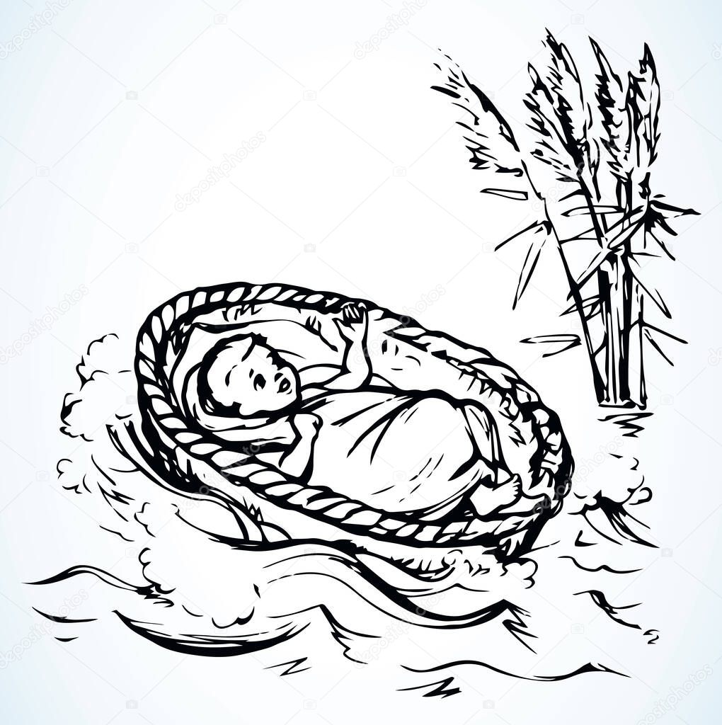 Closeup view exodus cute newborn israeli slave male human cry. White Nile grass bush plant scene text space. Black ink hand drawn king sleep logo icon sign design. Retro church art doodle line style