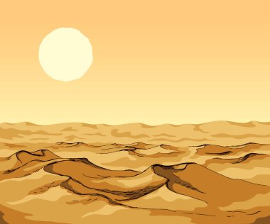 Peak Skyline sabah manzarası. Parlak altın rengi el, sanat karalaması klasik çizgi film tarzında küresel kum fırtınası sembolü çizimi çizdi. Canlı kırmızı turuncu gün batımında boşluk için manzara görünümü