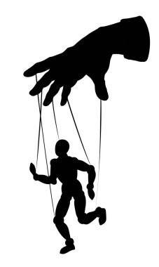 Beyaz ahşap kravat köle model hareket ustası diktatörü asıyor. Siyahi, otoriter, politik tiyatro yönetmeni, sanatçı oyunu, nesne kariyeri, işaret simgesi çizimi, retro sanat karikatür vektör stili.
