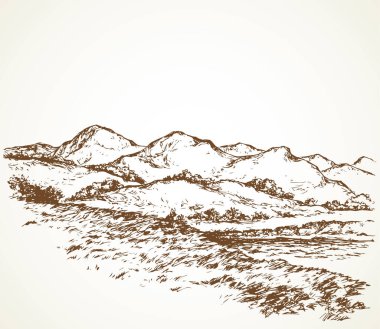 Splash brook glade çalı kalem hattı sahne. Deniz körfezi manzaralı dik kayalık monte banka. Kağıt metin alanında sanat doodle retro baskı stilinde anahat siyah mürekkep çizilmiş fon sembolü tasarım sahnesi