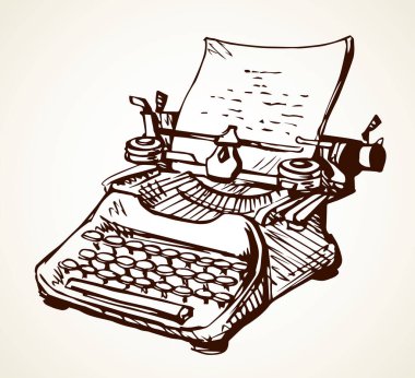 Eski klasik satır yazı tipi nesnesine beyaz metin uzayı üzerinde basın. Taslak siyah mürekkep kalem el çizimi yaratıcı editör yeni kelime blog fikir logosu tasarımı çizimi çizimi sanatçı doodle karikatür tarzı. Görüntüyü kapat