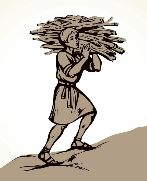古代亚洲人强壮的Arab人类劳动原木火堆 线条黑色勾画出年老体弱的搬运工背犹太人农场奴役工作的积极标志 复古的白色圣经故事艺术涂鸦卡通画 — 图库矢量图片