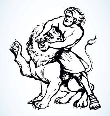 Cesur Roma Kolezyumu savaş arenası sakallı Yahudi erkek savaşçı kuvveti güçlü dev Yahudi Leo çene efsanesi simgesine karşı. Siyah özet İsrail 'in geçmişe dönük Tanrı İncilsel inanç hikayesi sanat beyaz çizgi tarzı