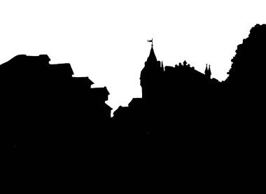 Ortaçağ romantik yaz Kyiv merkezi Andrew Meydanı sahnesi. Koyu mürekkep, karikatür baskı tarzında, kırsal manzaralı bir resim çizmiş. Akşam gün batımında metin alanı