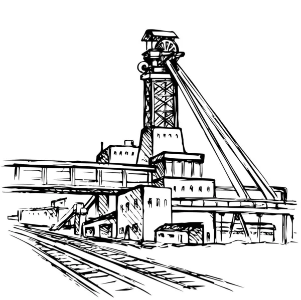 Eski Büyük Demir Madenleri Beyaz Gökyüzünde Rafine Edilmiş Kazı Fabrikası — Stok Vektör