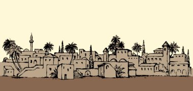 Orta Doğu 'ya özgü antika palmiye ağacı manzaralı antika kule manzaralı. Beyaz gökyüzünde yazı için yeri olan eski siluet grafik biçiminde taslak mürekkep el çizimi resim çizimi