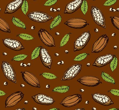 Büyük yeşil teobroma yaprakları koyu çikolata düşkünü. Parlak renkli el çizimi menü ambalaj kağıdına resim çizimi şeklinde simge simgesi tasarımı çizimi. Yakın görünüm