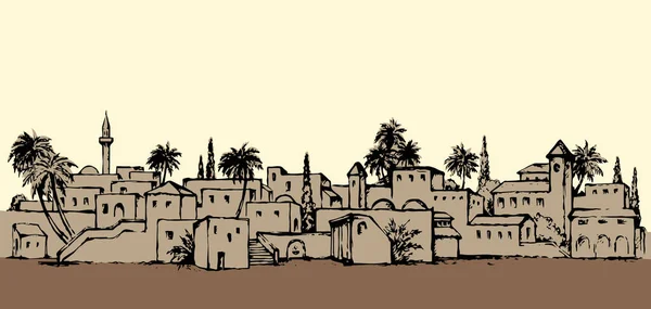 Orta Doğu Özgü Antika Palmiye Ağacı Manzaralı Antika Kule Manzaralı — Stok Vektör