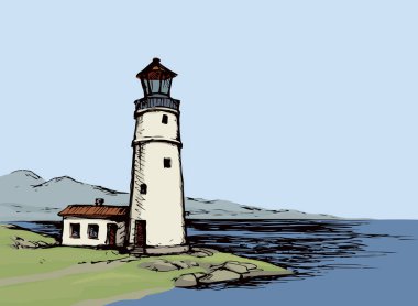 Summer Stone Hill Bankası sahnesi mavi gökyüzünde izole edilmiş. Gemi ya da tekne için fener. Parlak renkli el çizimi sakin sahil şeridi beyaz dikenli gemi çizimi çizimi sanat retro karikatür çizim tarzı metin için boşluk ile