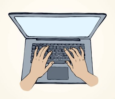 LCD Macbook tuş takımı beyaz masa arkaplanında. Siyah çizgi çizilmiş netbook. Sosyal veri anahtar simgesi simgesi modern sanat karalama tarzında metin için ped boşluğuna. Erkek avuç içini yukarı doğru it.