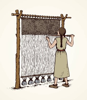 Beyaz arka planda izole edilmiş, eski, ilkel örgü makinesinde basit örgü ören genç Viking kadın. Metin için boş alanı olan eski sanat oymacılığı tarzında Freehand ana hatlarıyla çizilmiş resim çizimi