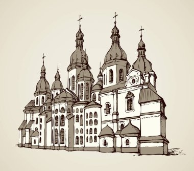 Kiev başkentinin tarihi ortodoksi Aziz Sophia minster binası. El yazması siyah mürekkep çizilmiş logo simgesi resmi geçmişe dönük ressamlar için beyaz kağıt boşluk üzerine çizgi film tarzı kalem çizer