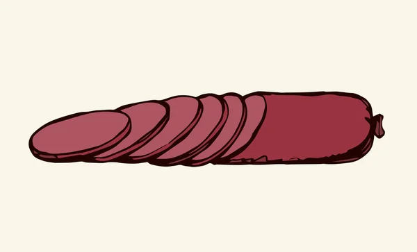 盐红色肉猪Cervelat Kielbasa Bratwurst在白色野餐背景的棕色包裹 色泽鲜亮的粉红手绘鲜活的肉店菜单标志标识复古涂鸦风格文字空间 — 图库矢量图片
