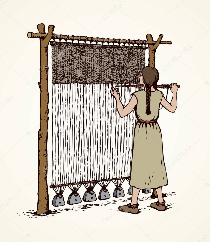 Young viking female in simple dress braid on archaic primitive knitting machine isolated on white backdrop. Freehand outline ink drawn picture sketch in retro art engraving style with space for text