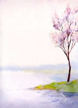El yapımı soyut ressam suluboya çizimi kağıttan arka planda bulutlu deniz kıyısı sahnesi. El çizimi açık pembe renkte çiçek çalı sakin vadi kırsal manzaralı sanat kartı