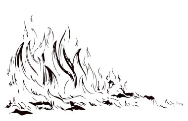 Gece kızıl orman odunu sıcak çimenler alev alev yanan kül manzarası. Kızıl gökyüzü mesaj uzayı. Çizgi siyah el yangın dumanı çekti kuru iklim tehlikesi iklim tehlike simgesi logo imza konsept tasarım sanat tasarımı tasarım tarzı