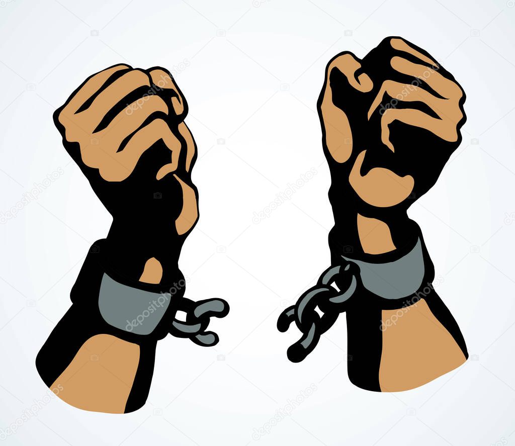 Close up power courage rebel human clench enslave fist fight unchain tear white sky text space. Line black drawn hostage hope metal law tied trap change sin save win protest sign sketch as art cartoon