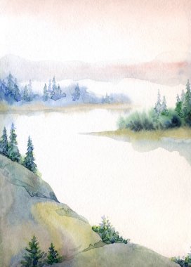 Açık kağıda elle çizilmiş suluboya resim. Yazı uzayı. Taze taiga tarlası çalılığı. Çalı bitkisi, kayalık arazi. Sessiz bulutlu sonbahar hayatı eski Alp Slope Park sanat eserleri sahnesi. Pond Creek Körfezi manzaralı