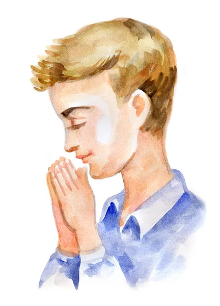Young small saint holy kneel plead sad body. Light biblical paper text space. Forgive spirit thank bless Lord trust sacred picture design in retro cartoon paint drawn bible style. Closeup profile view