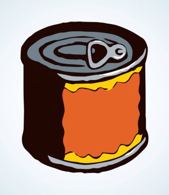 Beyaz mağazanın arka planında Tincan banka kapağı var. Parlak kırmızı renkli el çizilmiş çelik çubuk lezzetli evcil hayvan kavanozu ambalajı ambalaj logosu çizimi sanat karalama retro tarzı kağıt metin alanı etiketi üzerinde. Kapat.
