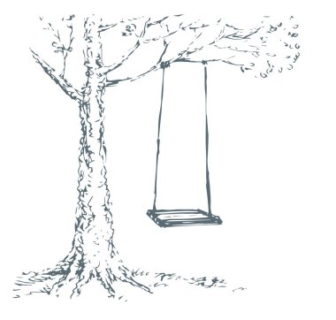 Beyaz bulutlu arka planda eski meşe gövdesi. Serbest çizim mürekkep çizimi, eski moda resim tasarımı, karikatür karikatür baskı kalemini kağıt metin alanına çizmiş. Kırsal manzaralı güneş manzarası