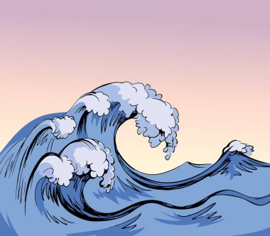 Isliç taze spume kıvırcık esinti gale saf sıvı hareket sahnesi. Çizgi mavi renk el çizilmiş işaret simgesi logo sembolü tasarım sanat doodle retro tarzı. Işık gökyüzü kartındaki metin için uzayda manzara görünümü