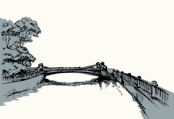 Aged russian arch bridgework path on pond coast scene. Outline black hand drawn creek channel square scenery picture. Retro art doodle cartoon line style. Panoramic scenic view text space on white sky