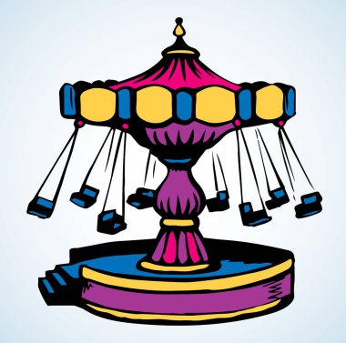 Beyaz yaz gökyüzü arka planında tatlı bir dönme dolambaçlı prater. Açık havada çizilmiş parlak renkli el baş döndürücü sandalye tekerleği sirk oyuncağı parti logosu tabela tasarımı kağıt üzerinde sanat retro doodle grafik tarzı