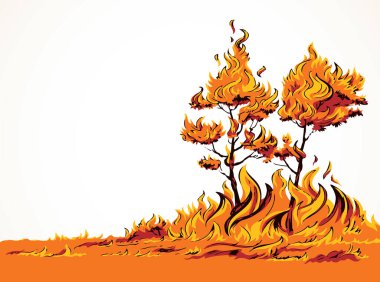 Gece kuraklığı, orman külleri, dal görüntüsü. Açık beyaz gökyüzü metin uzayı. Siyah el çizildi risk içeren hava kirliliği sorun yaşam ikonu logosu kavram tasarımı sanat karikatür çizimi tarzı