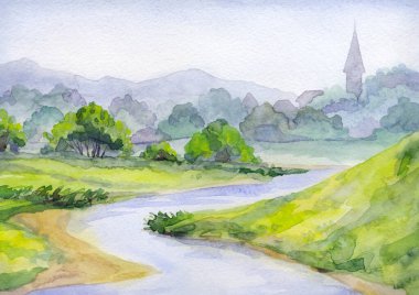 El çizimi açık renkli suluboya resim çizimi. Avrupa beyaz kağıt arka planda geçmişe dönük metin uzayında seyahat eder. Manzaralı eski bahçe çalı bitkisi bulutlu akşam günbatımı alacakaranlık sisi manzaralı