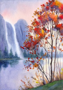 Suluboya boya bulutlu, bulanık, kayalık deniz kıyısı sahnesi, arka plan kâğıdı, metin alanı. Koyu kırmızı renkli sis bulutu vadi çağlayan deresi. Açık hava yabani çalı bitkisi kır manzaralı çizim çizimi