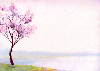El yapımı soyut ressam suluboya çizimi kağıttan arka planda bulutlu deniz kıyısı sahnesi. El çizimi açık pembe renkte çiçek çalı sakin vadi kırsal manzaralı sanat kartı