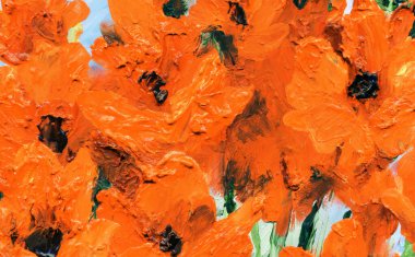 Kırsal retro malva sanat eseri manzarası. Canlı el çizimi akrilik boya yetişen bitkiler. Modern kanva kart tasarımı tarzı. Parlak turuncu renkli taze zambak tomurcuklanmış bitkisel tarla sahnesi