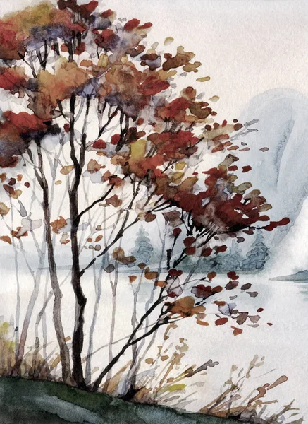 Pittura Acquerello Nuvoloso Foschia Roccioso Mare Baia Scena Carta Sfondo — Foto Stock