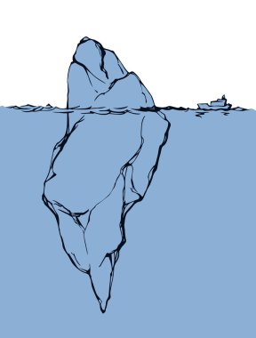 Derin gizli görünmez parça elemanı ışık mavi kağıt metin alanı. Anahat siyah el çizilmiş görünür ucu risk logosu işareti pictogram amblem tasarımı vintage sanat doodle karikatür tarzı. Üst hat deniz manzarası