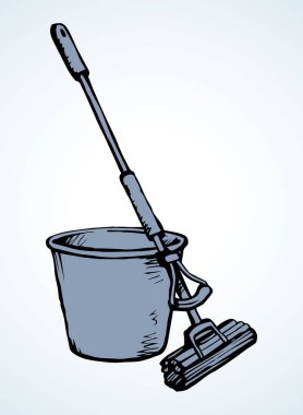 Beyaz oda metin uzayındaki çöp yumağı nesnesini temizleyin. Siyah el çizimi, sağlık sıvısı temizleyici bez küvet kovası logosu. Retro çizgi çizgi film sanatı görünüm çöp kutusunu kapatın