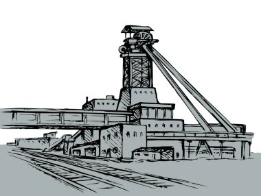Eski büyük demir madenleri, beyaz gökyüzünde rafine edilmiş kazı fabrikası çalışmaları. Siyah çizgili el ağır kömür karbon ham dizel tank servis simgesi metin taslağını retro yüksek sanat karikatürü olarak çizdi