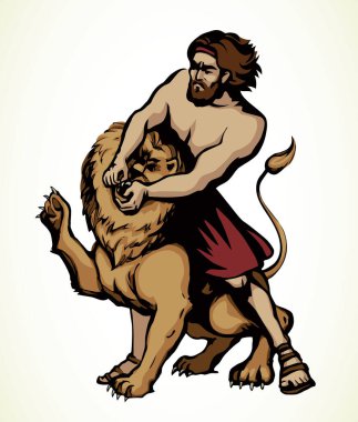 Cesur kolezyum arenası savaş sakallı Yahudi erkek insan savaşçısı güçlü dev Yahudi Leo çene efsanesi simgesine karşı. Siyah ana hatlar İsrail 'in geçmişi. İncil' deki inanç hikayesi. Sanat, beyaz çizgi, vektör tarzı.