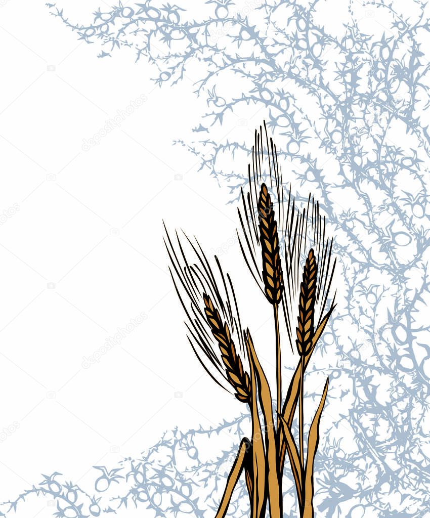 Closeup view dry good cereal crop twig. White text space. Black hand drawn Lord Jesus Christ new word sharp prickly stem danger icon border pattern picture design. Retro art cartoon line sketch style