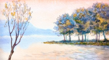 El yapımı parlak pembe suluboya resim çizimi, arka plan kağıdının arka planındaki bulanık manzara. El çizimi açık renkli bulutlu cennet. Sakin Sis Vadisi Parkı Rıhtım Sanat Manzarası