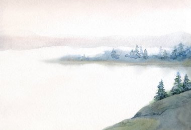 Açık kağıda elle çizilmiş suluboya resim. Yazı uzayı. Taze taiga tarlası çalılığı. Çalı bitkisi, kayalık arazi. Sessiz bulutlu sonbahar hayatı eski Alp Slope Park sanat eserleri sahnesi. Pond Creek Körfezi manzaralı