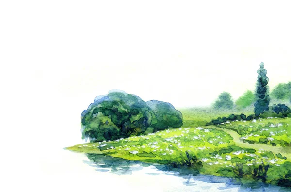 手書きの水彩画のスケッチは 白い紙のカードの背景テキスト空間にかすみ風光明媚なビューを描きます 緑の色の雨霧の日没 穏やかな野生のポプラモミの植物の谷農村公園クリークベイビーチシーズンシーン — ストック写真