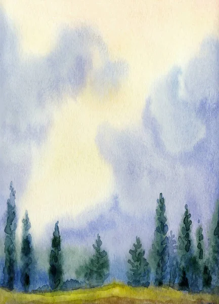 Hand drawn bright watercolour artwork paint sketch on paper card backdrop text space. Light pink color heaven. Dark calm rural steppe glade fall mist smoke scene. Shrub pine plant park. Blue fog hill