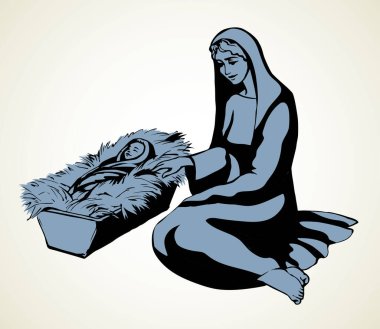 Açık beyaz kağıt üzerinde mutlu saman sembolü sahnesi tebrik kartı alanı. Çizgi siyah el çizilmiş şirin, neşeli, mesih, Noel kadını ikon, tabela, resim çizimi, antik sanat çizgi film tarzı.