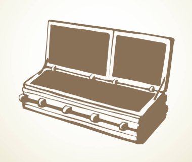 Kapalı, eski, güzel, açık bir morg göğüs sandığı. Metin uzayını aydınlat. Koyu kahverengi renkli el çizimi nesne piktogram amblemi tasarımı sanat retro doodle çizgi film baskı biçimi. Görüntüyü kapat