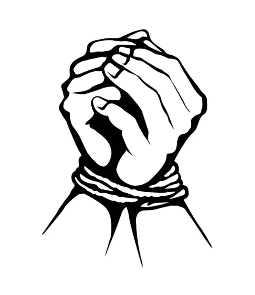 危险的监禁者在白色的空间上戴着手铐的绳子祈祷 黑线画的无法用手指捆绑上瘾图标符号的艺术卡通风格 关闭绑架逮捕抓住祈祷身体腕痛 — 图库矢量图片