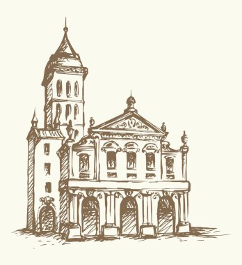 Şehir merkezinde yaşlanmış romantik bir yaz yeri. Büyük çizgi ortaçağ ön kapı manzarası. Eskimiş karikatür karikatür karalama gravür stiliyle çizilmiş siyah bir el resmi. Beyaz gökyüzü arkaplanındaki kağıt metin alanı